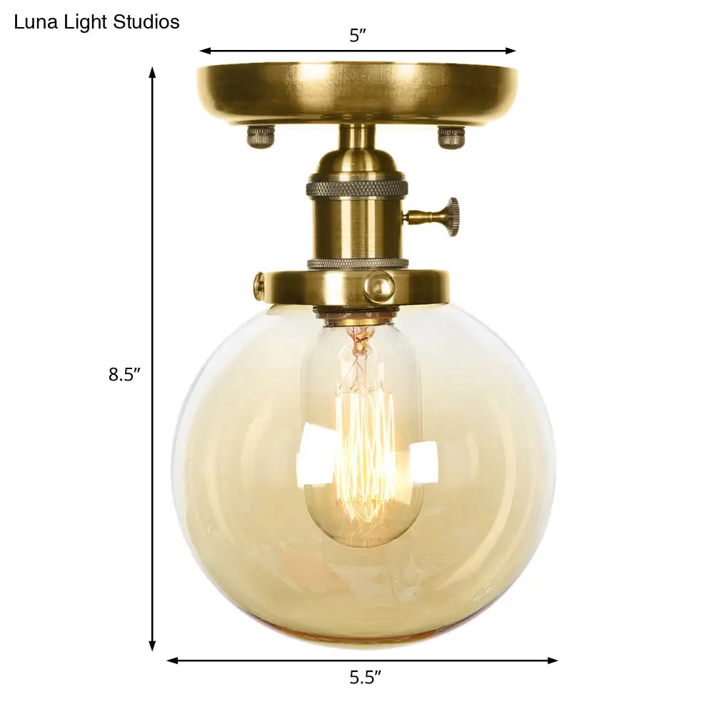Semi Flush Bronze Globe Round Ceiling Light With Industrial Clear/Amber Glass - 1 - Light Fixture