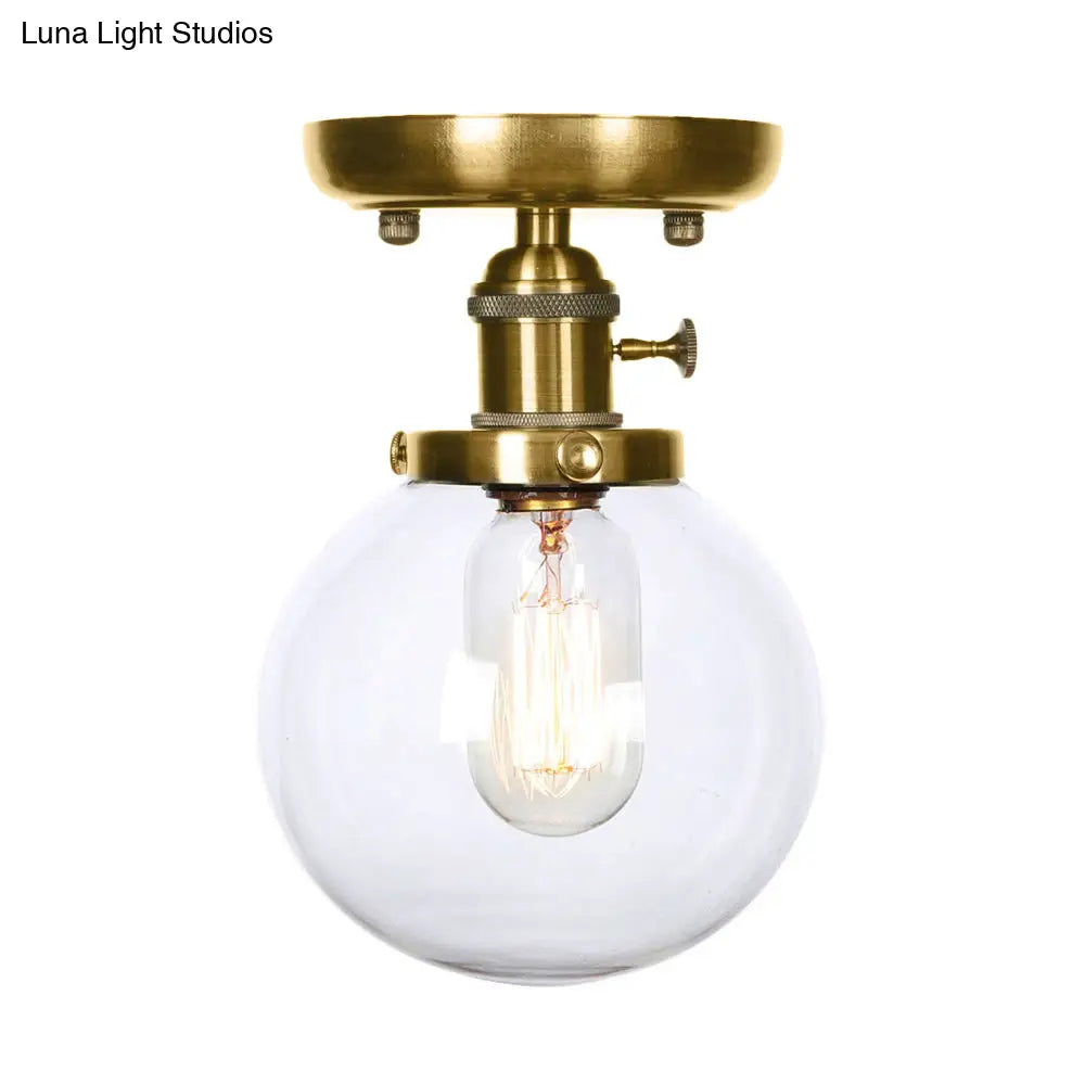 Semi Flush Bronze Globe Round Ceiling Light With Industrial Clear/Amber Glass - 1 - Light Fixture