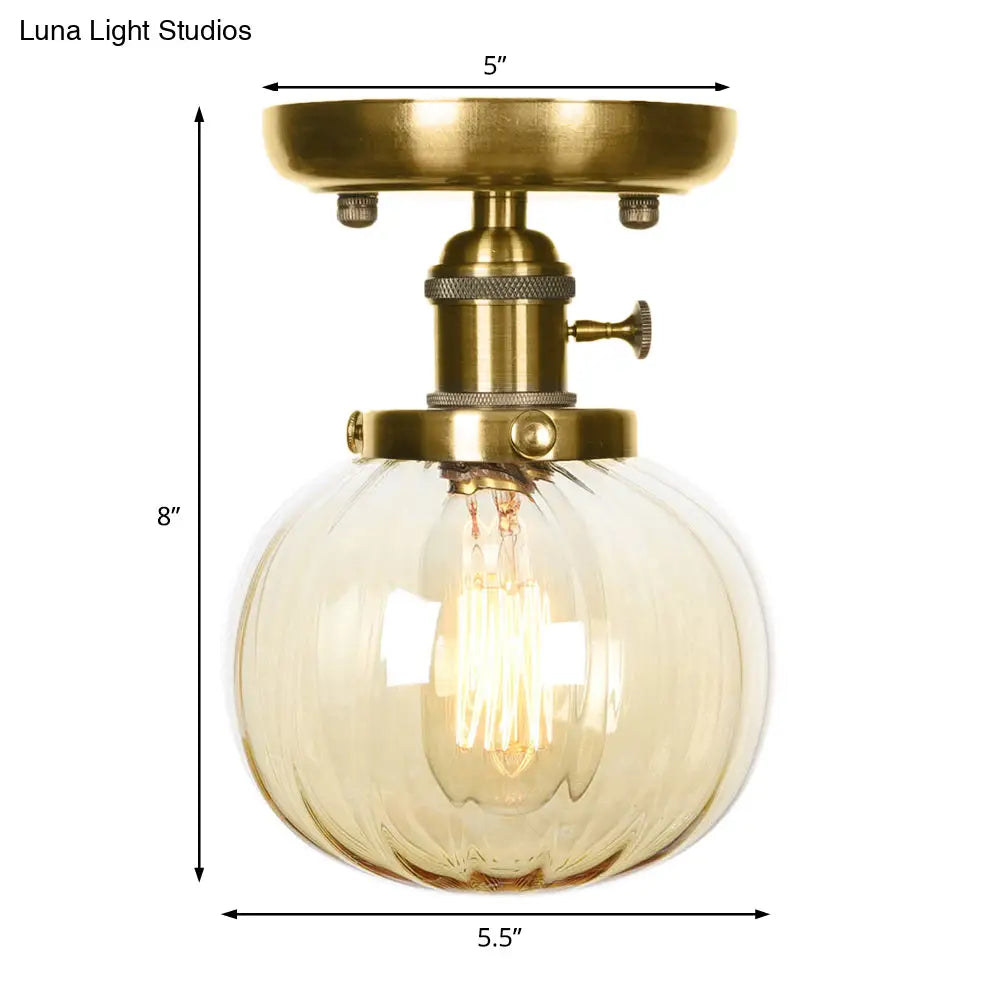 Semi Flush Bronze Globe Round Ceiling Light With Industrial Clear/Amber Glass - 1 - Light Fixture