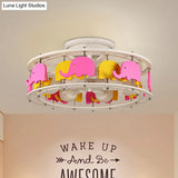 Semi Flush Elephant/Boat/Rudder Lamp With Drum Design For Kids - 5 - Light Wood Fixture In