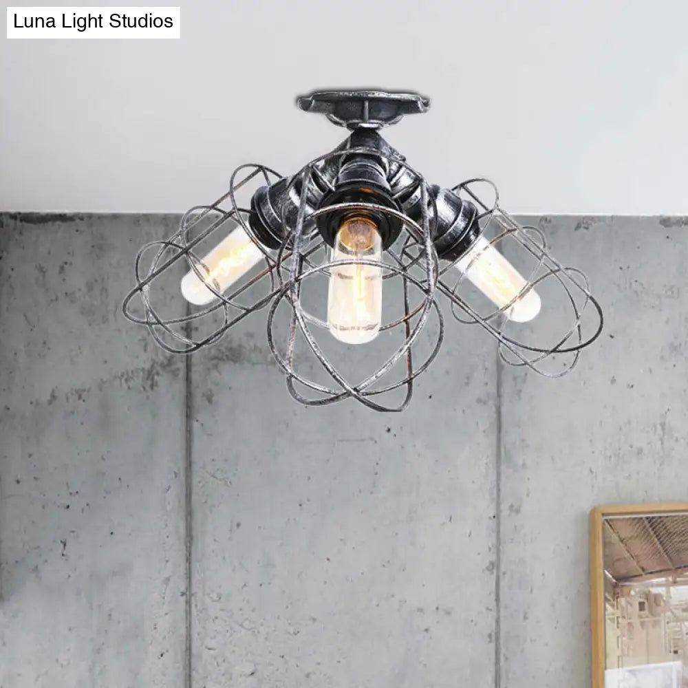 Semi Flush Farmhouse Pendant Light – Rustic Wrought Iron With Wire Frame 3 Lights Bronze/Aged Silver