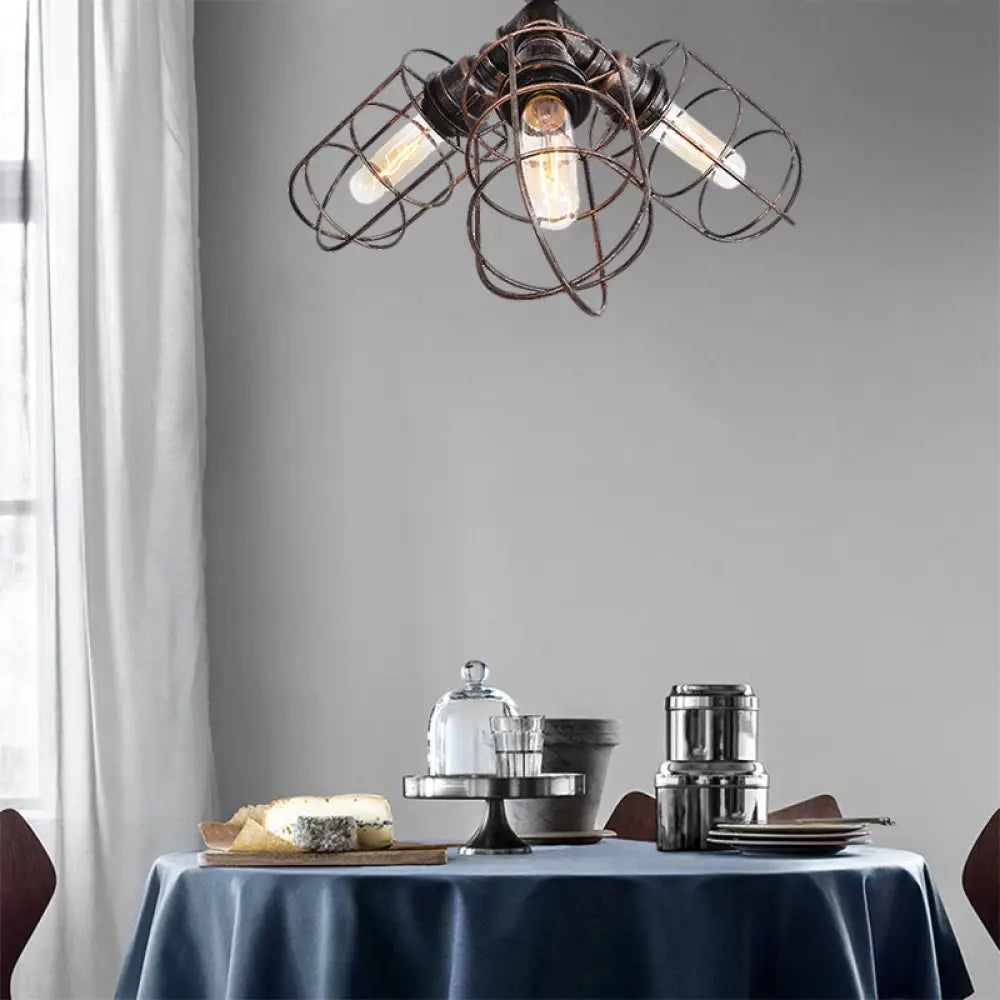 Semi Flush Farmhouse Pendant Light – Rustic Wrought Iron With Wire Frame 3 Lights Bronze/Aged
