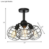 Semi Flush Industrial Black Ceiling Lighting For Living Room - 3 Heads With Wire Cage Metal Shade