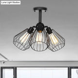 Semi Flush Industrial Black Ceiling Lighting For Living Room - 3 Heads With Wire Cage Metal Shade