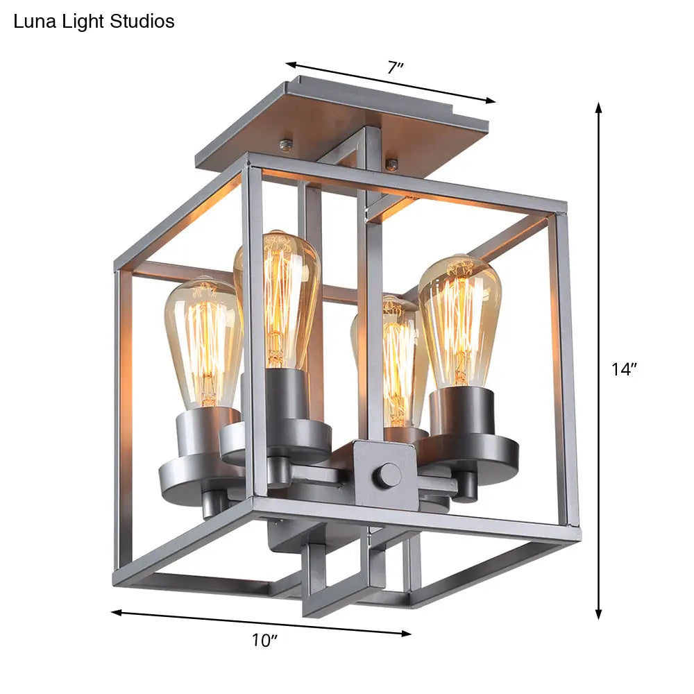 Semi Flush Industrial Metal Ceiling Lighting - Square Living Room 4 Lights Black/Silver/Gold