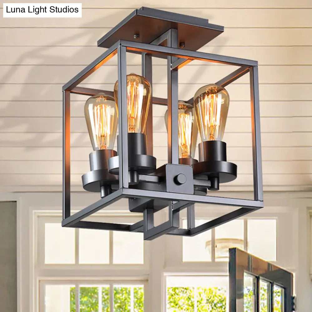 Semi Flush Industrial Metal Ceiling Lighting - Square Living Room 4 Lights Black/Silver/Gold
