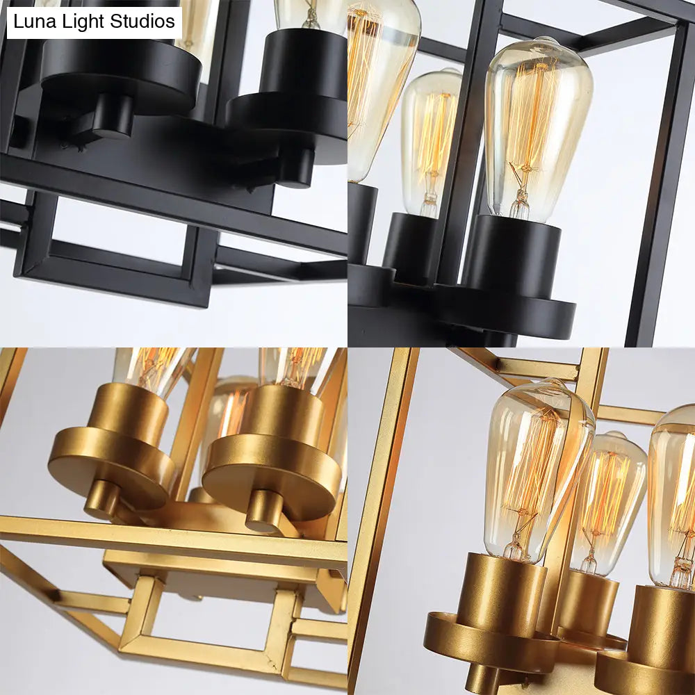 Semi Flush Industrial Metal Ceiling Lighting - Square Living Room 4 Lights Black/Silver/Gold