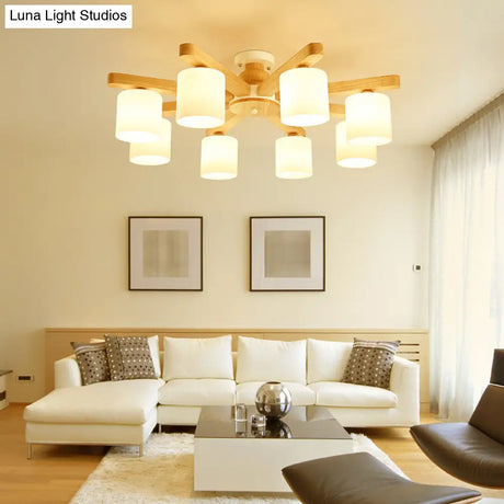 Semi Flush Japanese Cream Glass Ceiling Mount Chandelier - Wood Finish