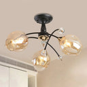 Semi Flush Mount Bedroom Light With Amber/Blue Glass Shade - Modernist Black Led Ceiling Fixture