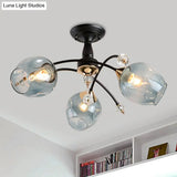 Semi Flush Mount Bedroom Light With Amber/Blue Glass Shade - Modernist Black Led Ceiling Fixture