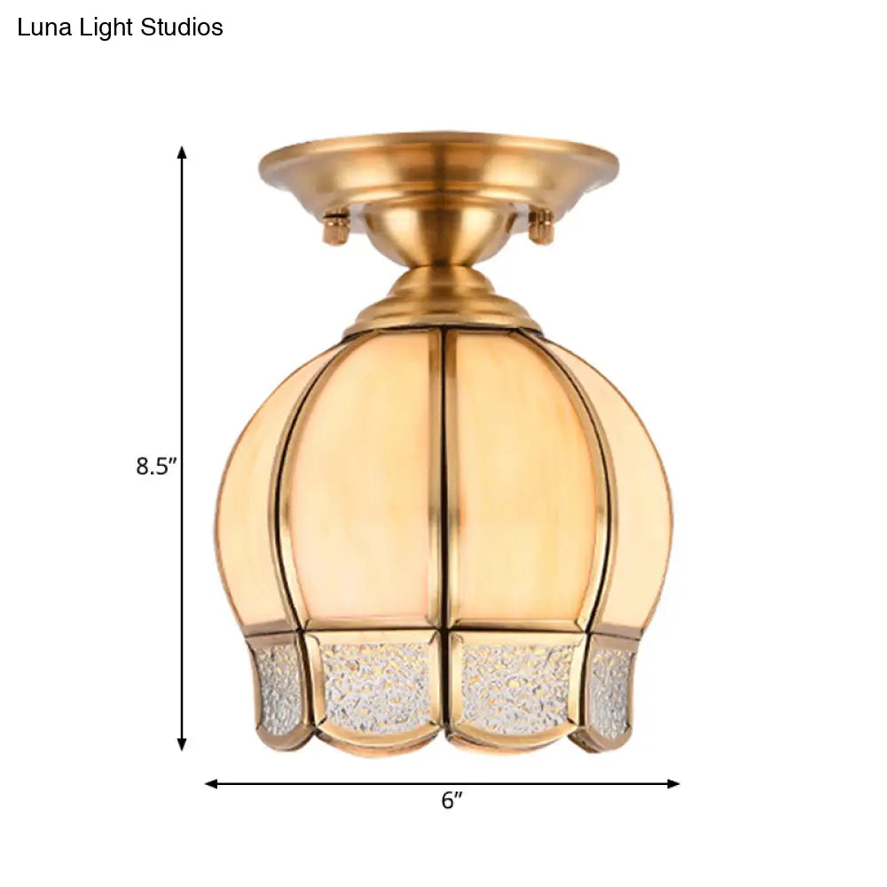 Semi Flush Mount Brass Lamp With Milk Glass Shade - Ceiling Light For Balcony