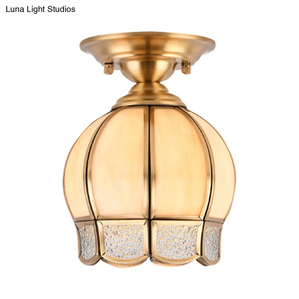 Semi Flush Mount Brass Lamp With Milk Glass Shade - Ceiling Light For Balcony