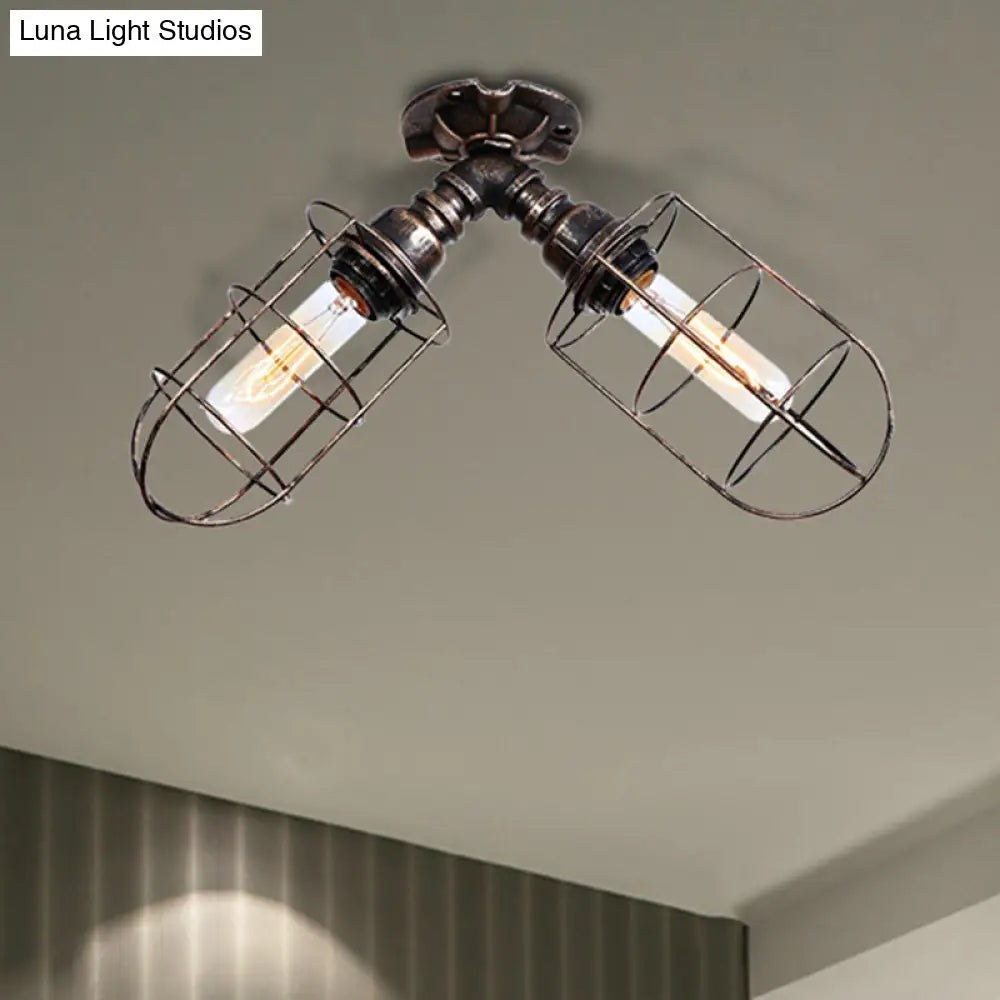 Semi-Flush Mount Cage Light With Coastal Style For Living Room - Wrought Iron 2 Bulbs Aged