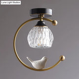 Semi Flush Mount Dining Room Ceiling Lamp - Dome Textured Glass With Brass C Arm And Bird Decor