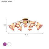 Semi Flush Mount Minimalism Blossom Ceiling Lamp With 12 White/Purple Glass Lights For Bedroom