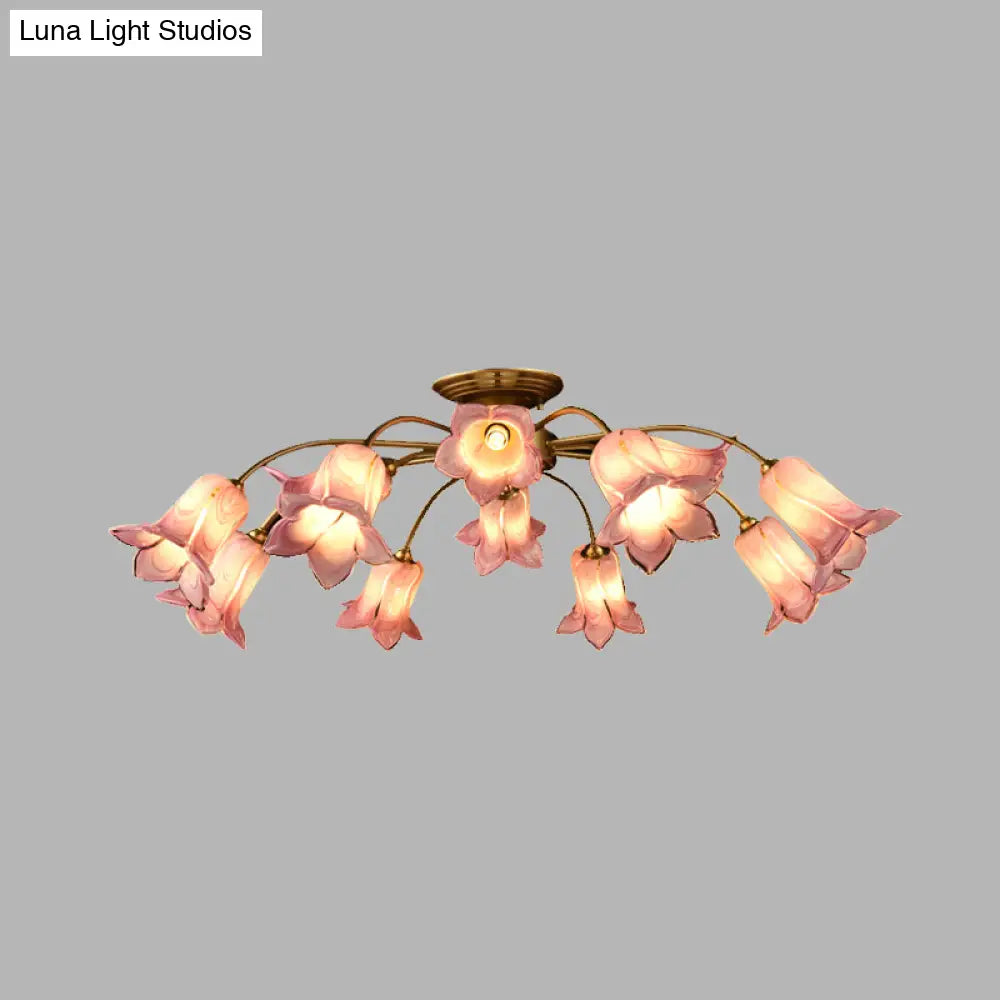 Semi Flush Mount Minimalism Blossom Ceiling Lamp With 12 White/Purple Glass Lights For Bedroom