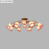 Semi Flush Mount Minimalism Blossom Ceiling Lamp With 12 White/Purple Glass Lights For Bedroom