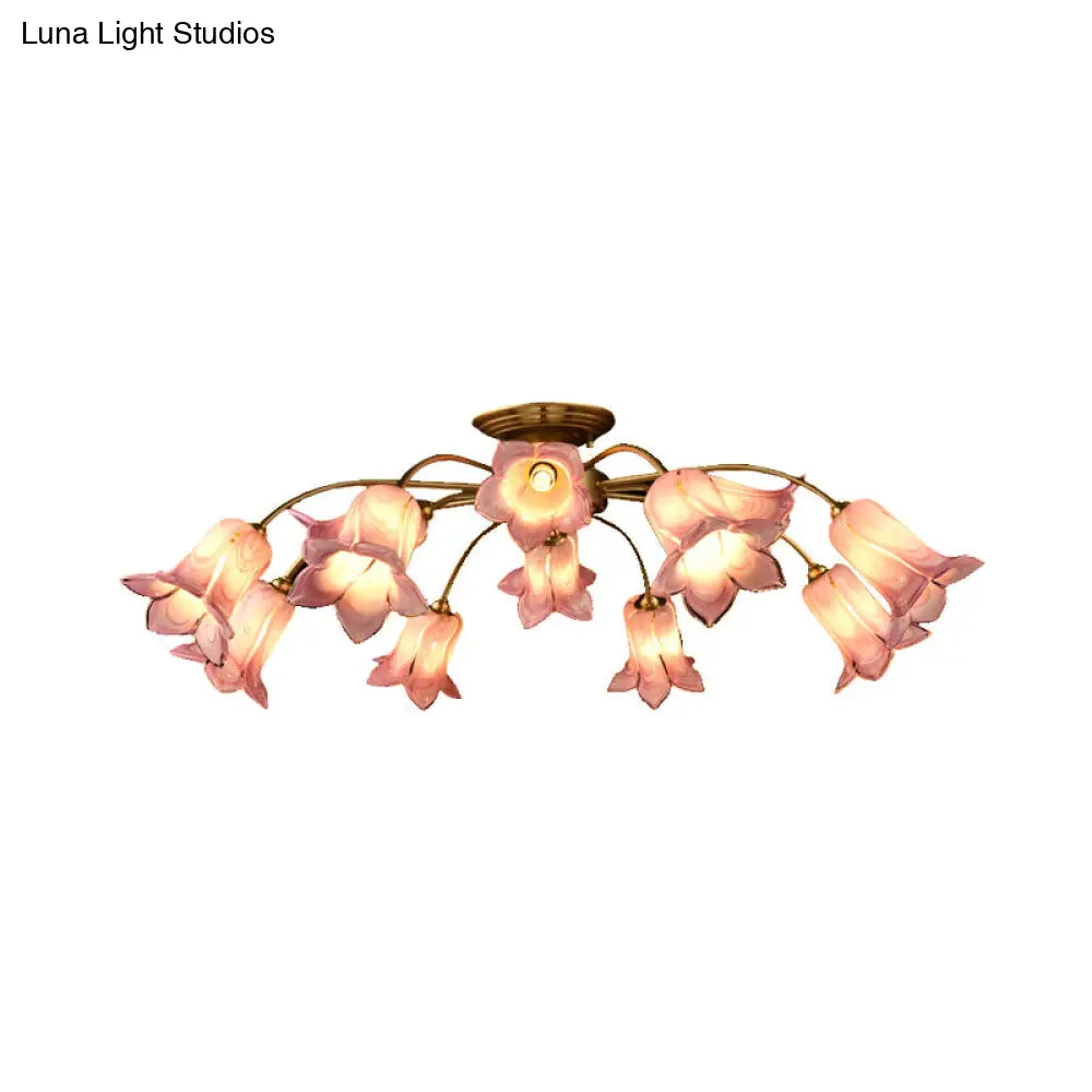 Semi Flush Mount Minimalism Blossom Ceiling Lamp With 12 White/Purple Glass Lights For Bedroom