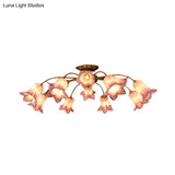 Semi Flush Mount Minimalism Blossom Ceiling Lamp With 12 White/Purple Glass Lights For Bedroom