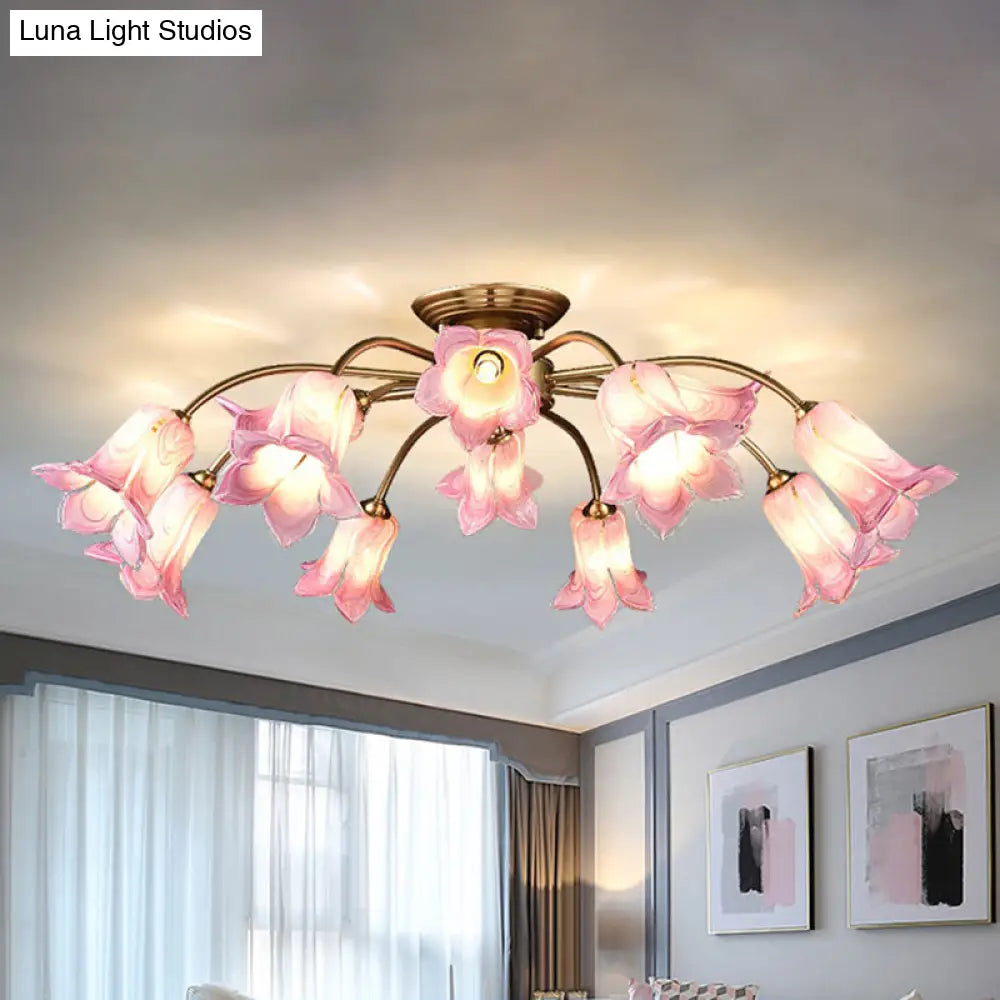 Semi Flush Mount Minimalism Blossom Ceiling Lamp With 12 White/Purple Glass Lights For Bedroom