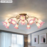 Semi Flush Mount Minimalism Blossom Ceiling Lamp With 12 White/Purple Glass Lights For Bedroom