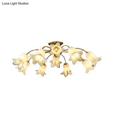 Semi Flush Mount Minimalism Blossom Ceiling Lamp With 12 White/Purple Glass Lights For Bedroom