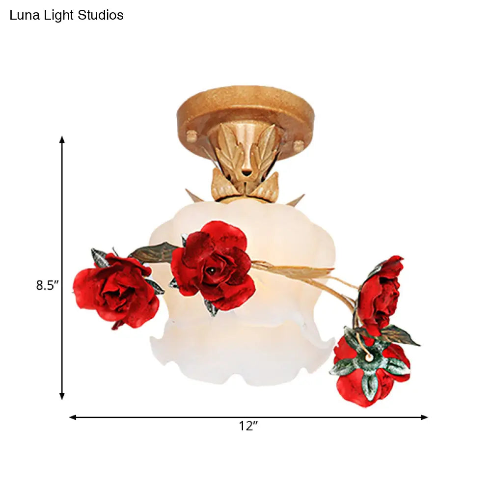 Semi Flush Mount Pastoral Style Brown Milky Glass Ceiling Light Fixture - 1 Bloom
