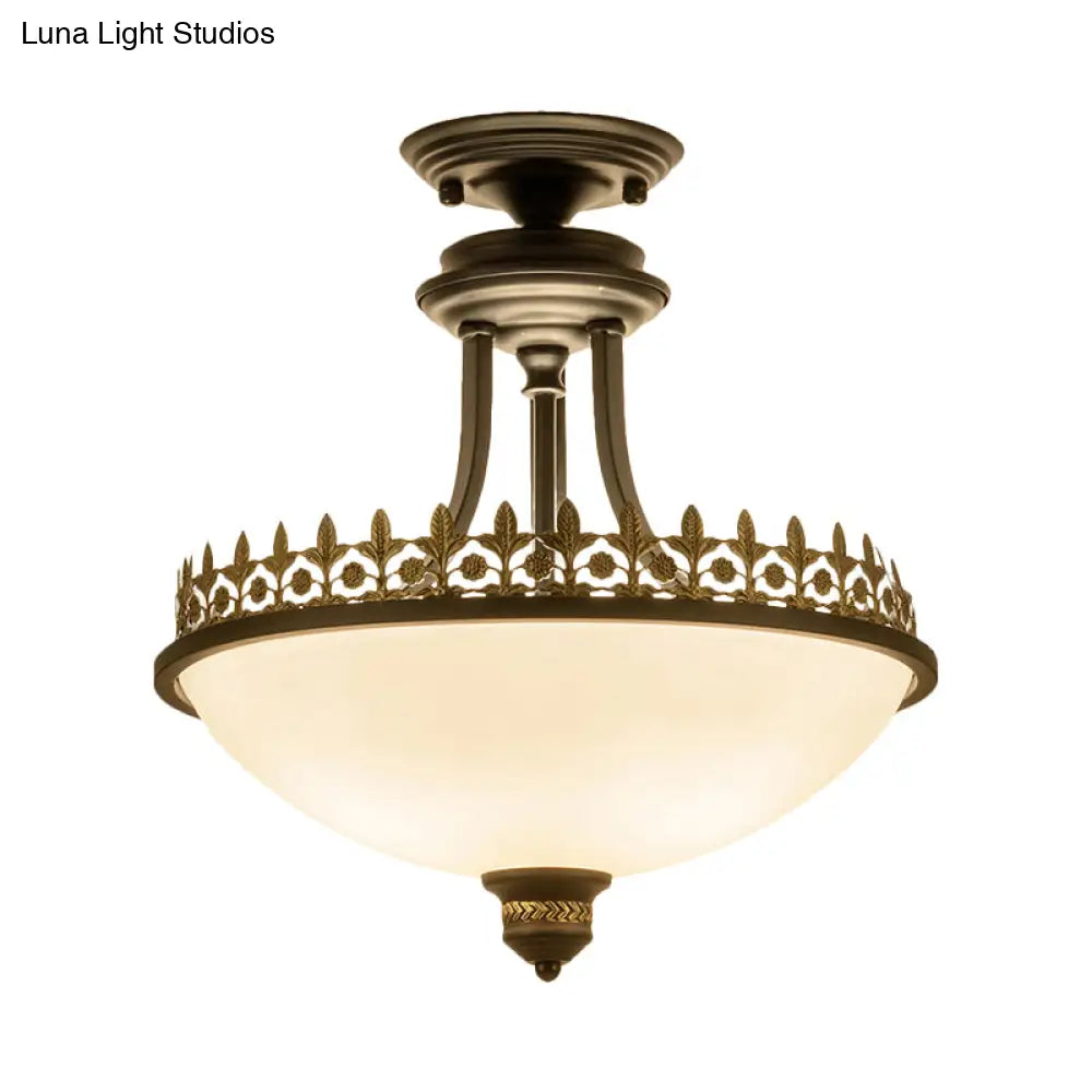Semi Flush Mount Traditional Frosted Glass Ceiling Light With 3 Lights - White Bowl Shape For