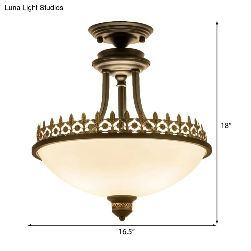 Semi Flush Mount Traditional Frosted Glass Ceiling Light With 3 Lights - White Bowl Shape For