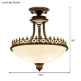 Semi Flush Mount Traditional Frosted Glass Ceiling Light With 3 Lights - White Bowl Shape For