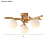 Semi Flush Opal Glass Ceiling Lamp With Wooden Branch - Creative Sphere Dining Room Light In Beige