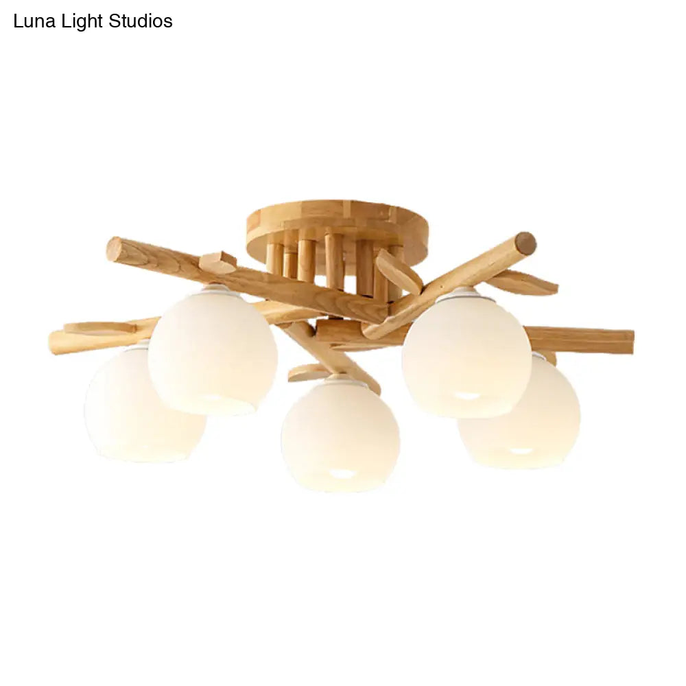 Semi Flush Opal Glass Ceiling Lamp With Wooden Branch - Creative Sphere Dining Room Light In Beige