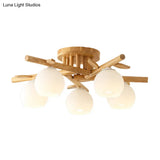 Semi Flush Opal Glass Ceiling Lamp With Wooden Branch - Creative Sphere Dining Room Light In Beige