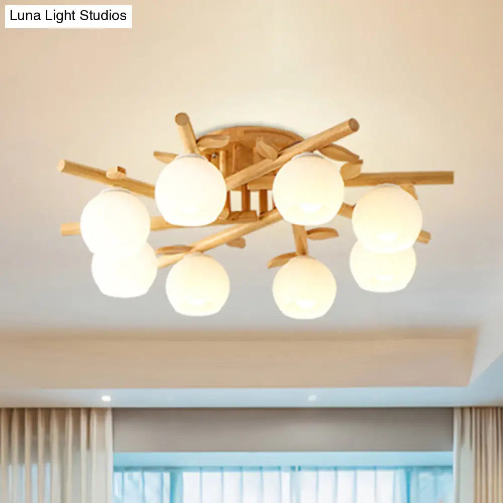 Semi Flush Opal Glass Ceiling Lamp With Wooden Branch - Creative Sphere Dining Room Light In Beige