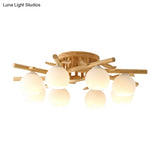 Semi Flush Opal Glass Ceiling Lamp With Wooden Branch - Creative Sphere Dining Room Light In Beige