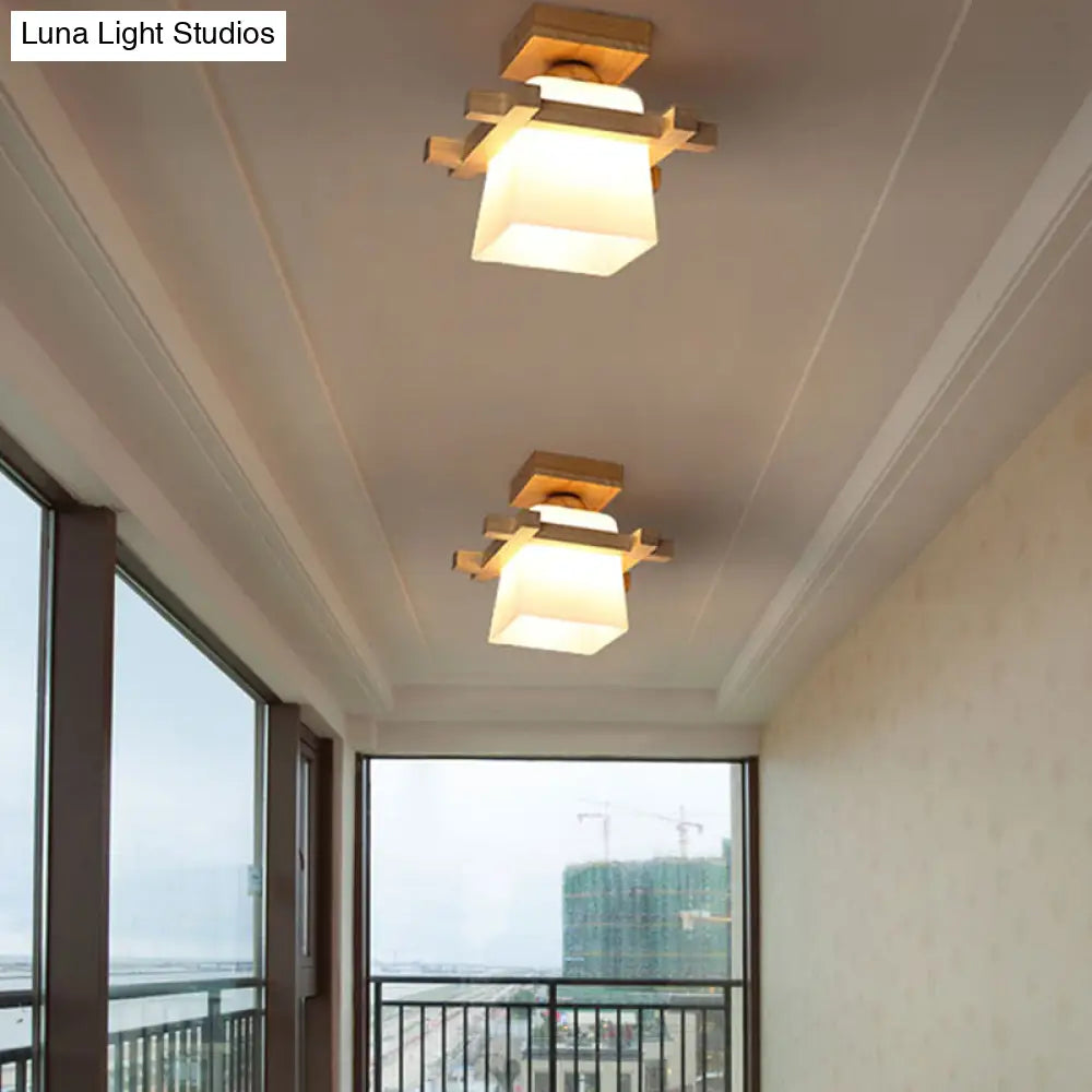 Semi Flush Wood Ceiling Lamp With Hand - Blown Milk Glass Shade For Balcony