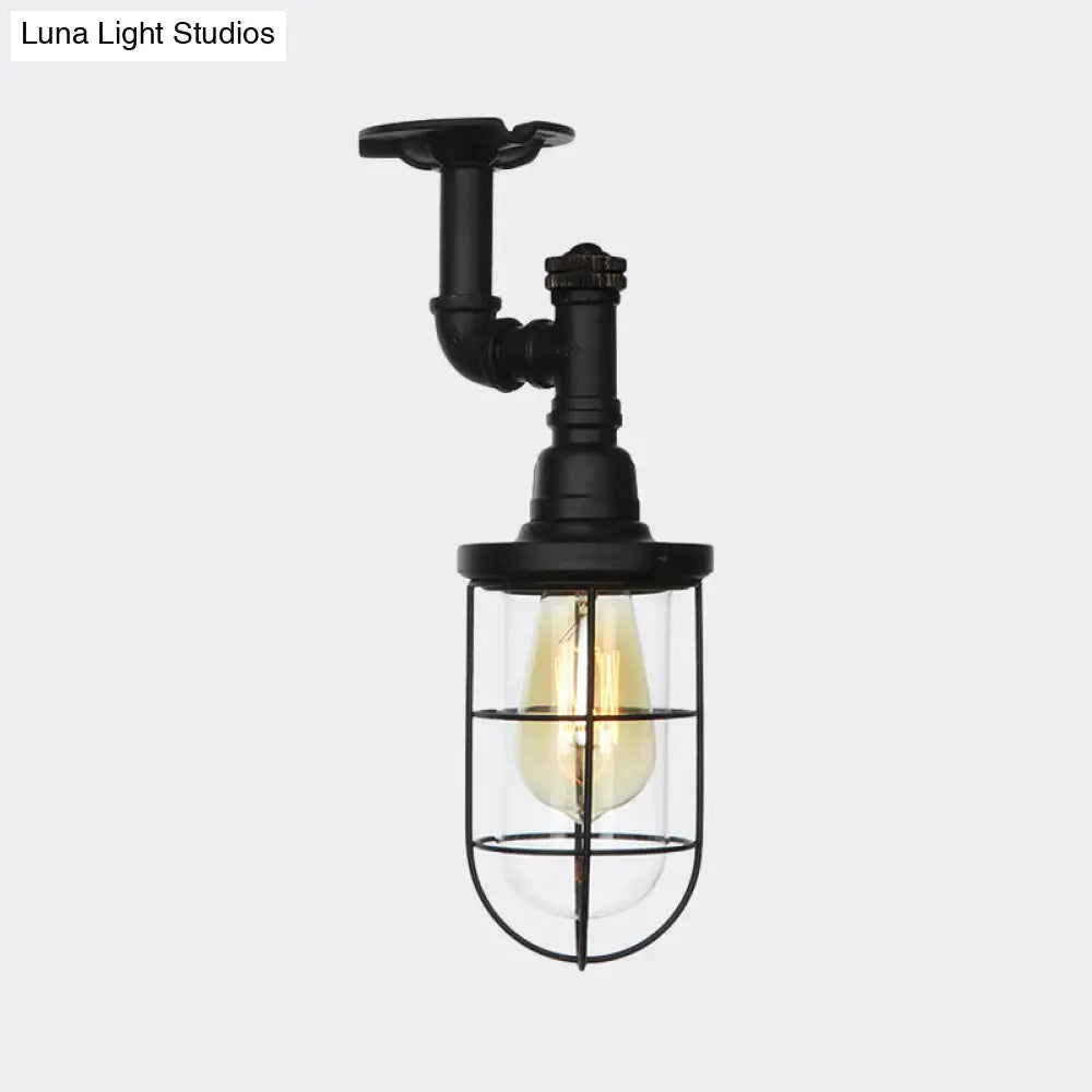 Semi Flushmount Antiqued Black Iron Ceiling Lamp With Clear Glass Shade