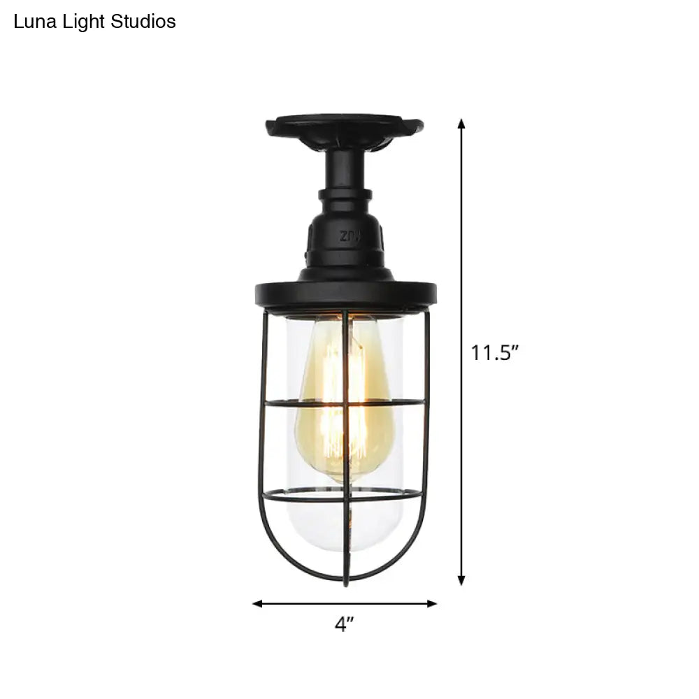 Semi Flushmount Antiqued Black Iron Ceiling Lamp With Clear Glass Shade