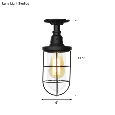 Semi Flushmount Antiqued Black Iron Ceiling Lamp With Clear Glass Shade