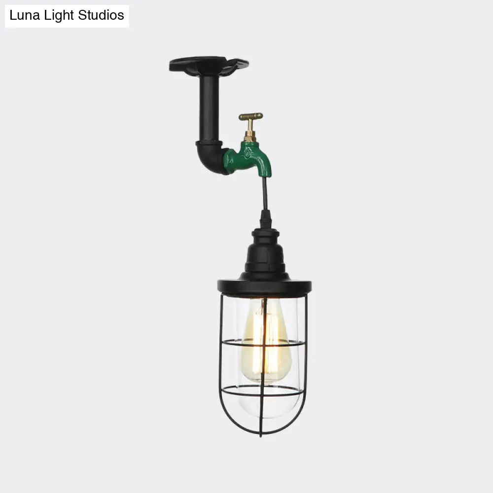 Semi Flushmount Antiqued Black Iron Ceiling Lamp With Clear Glass Shade