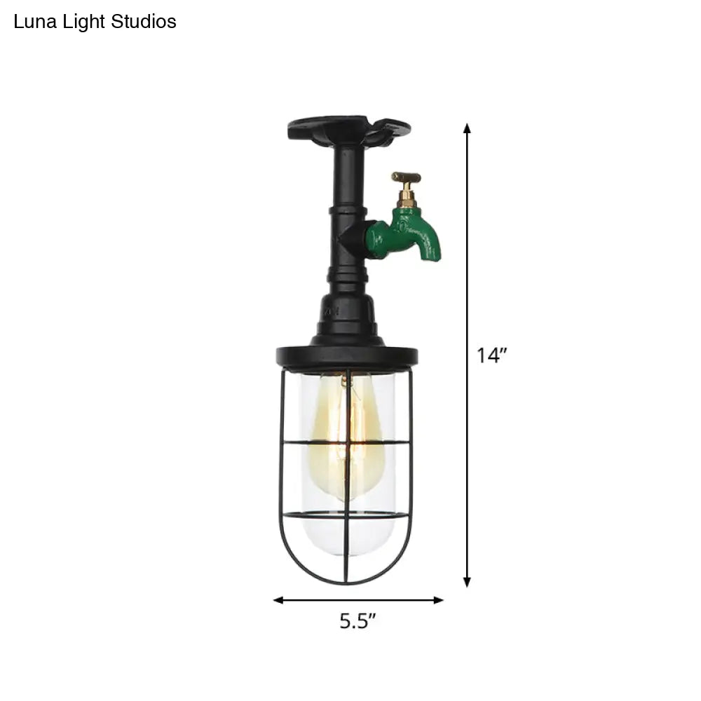 Semi Flushmount Antiqued Black Iron Ceiling Lamp With Clear Glass Shade