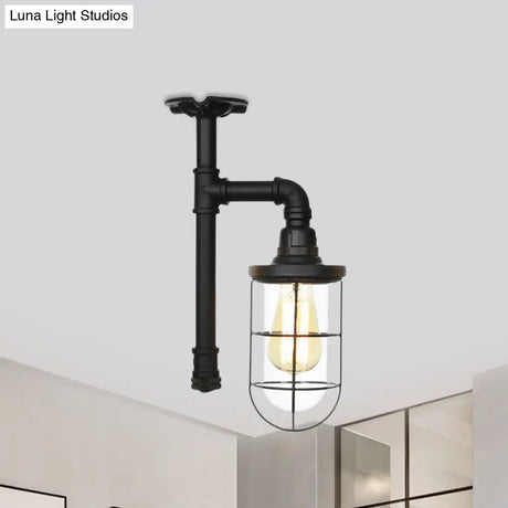 Semi Flushmount Antiqued Black Iron Ceiling Lamp With Clear Glass Shade