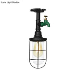 Semi Flushmount Antiqued Black Iron Ceiling Lamp With Clear Glass Shade