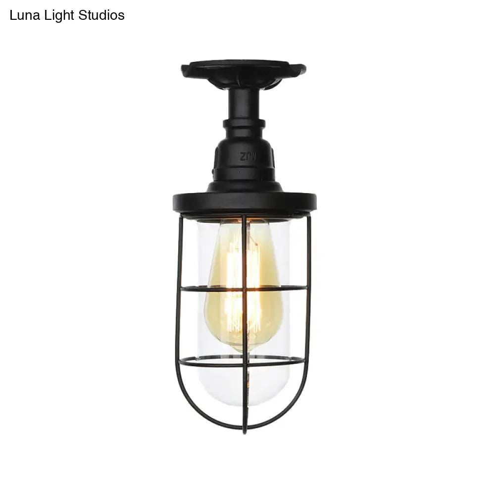 Semi Flushmount Antiqued Black Iron Ceiling Lamp With Clear Glass Shade