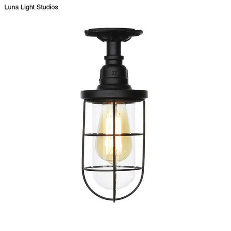 Semi Flushmount Antiqued Black Iron Ceiling Lamp With Clear Glass Shade