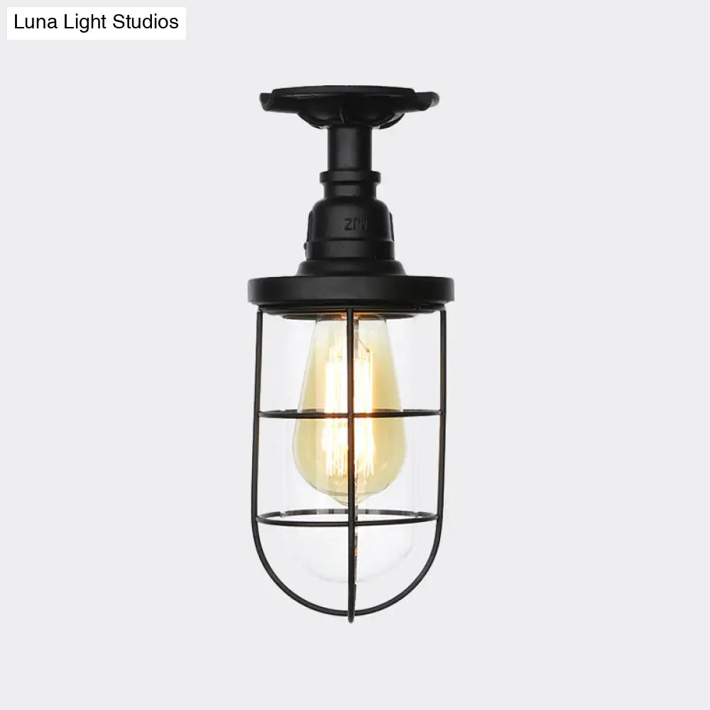 Semi Flushmount Antiqued Black Iron Ceiling Lamp With Clear Glass Shade