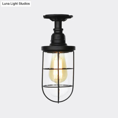 Semi Flushmount Antiqued Black Iron Ceiling Lamp With Clear Glass Shade