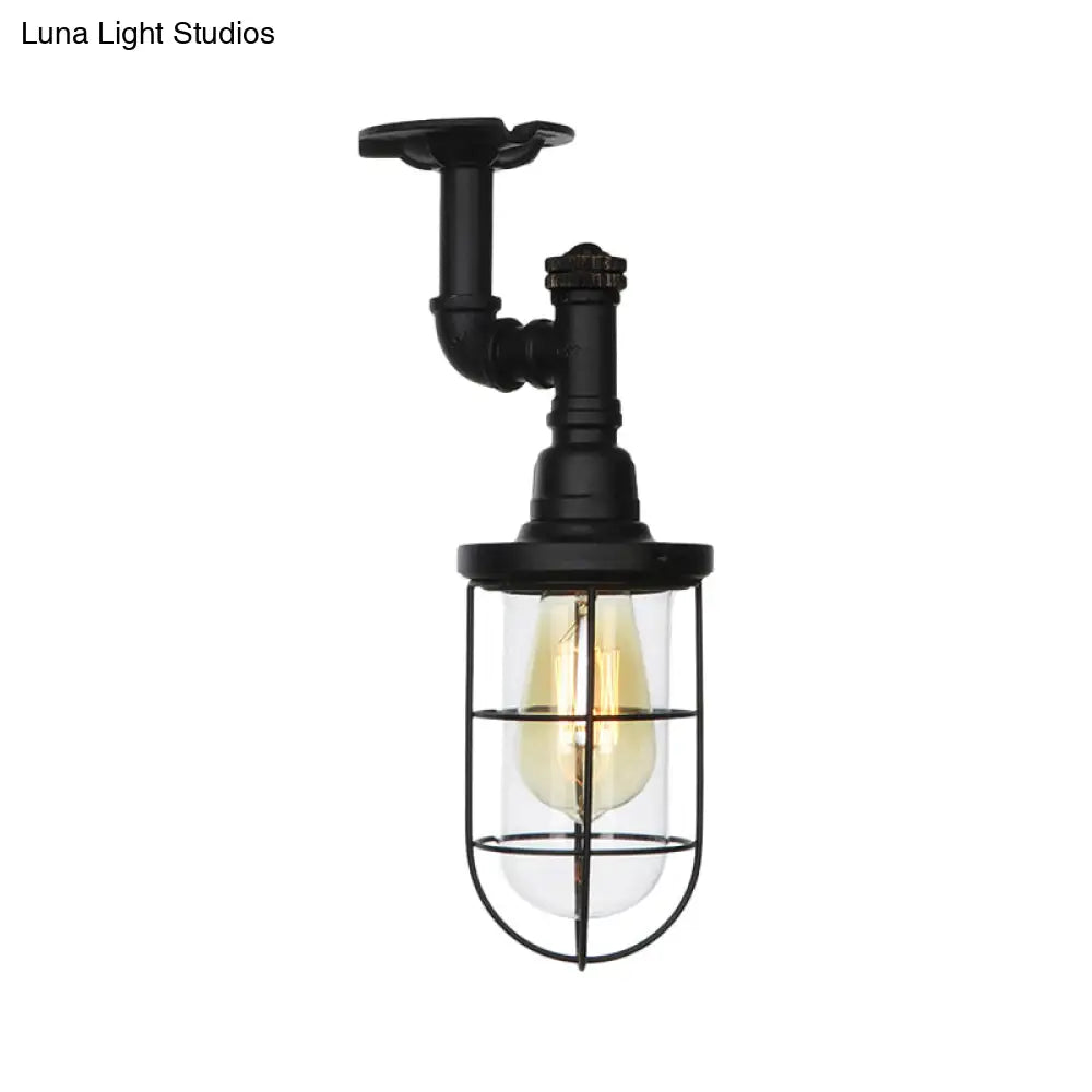 Semi Flushmount Antiqued Black Iron Ceiling Lamp With Clear Glass Shade