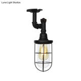Semi Flushmount Antiqued Black Iron Ceiling Lamp With Clear Glass Shade