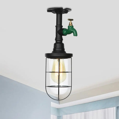 Semi Flushmount Antiqued Black Iron Ceiling Lamp With Clear Glass Shade / D